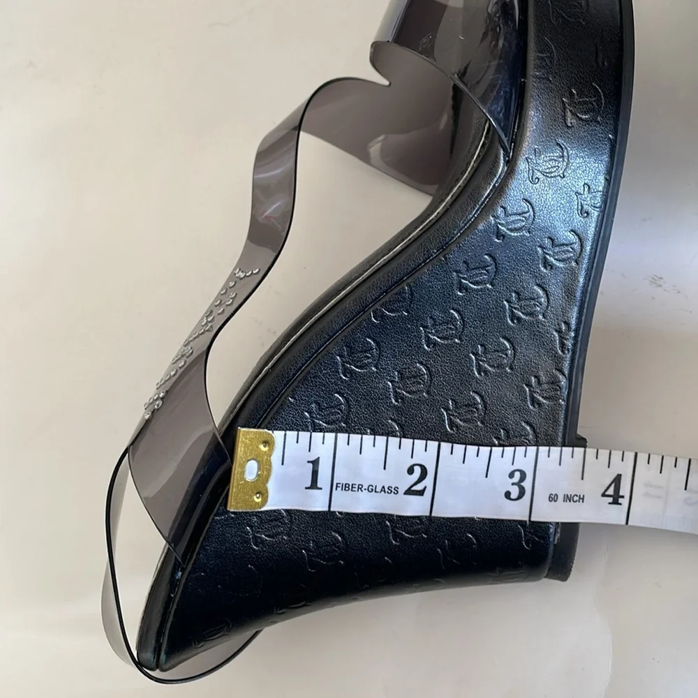 Juicy Couture Carefully Black Clear Strappy Y2K Wedge Sandals size 9